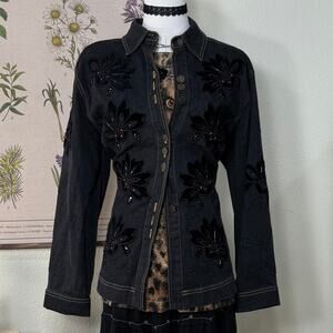 Vtg Floral Embroidered Beaded Denim Jean Jacket Whimsigoth Boho Fairy Grunge M